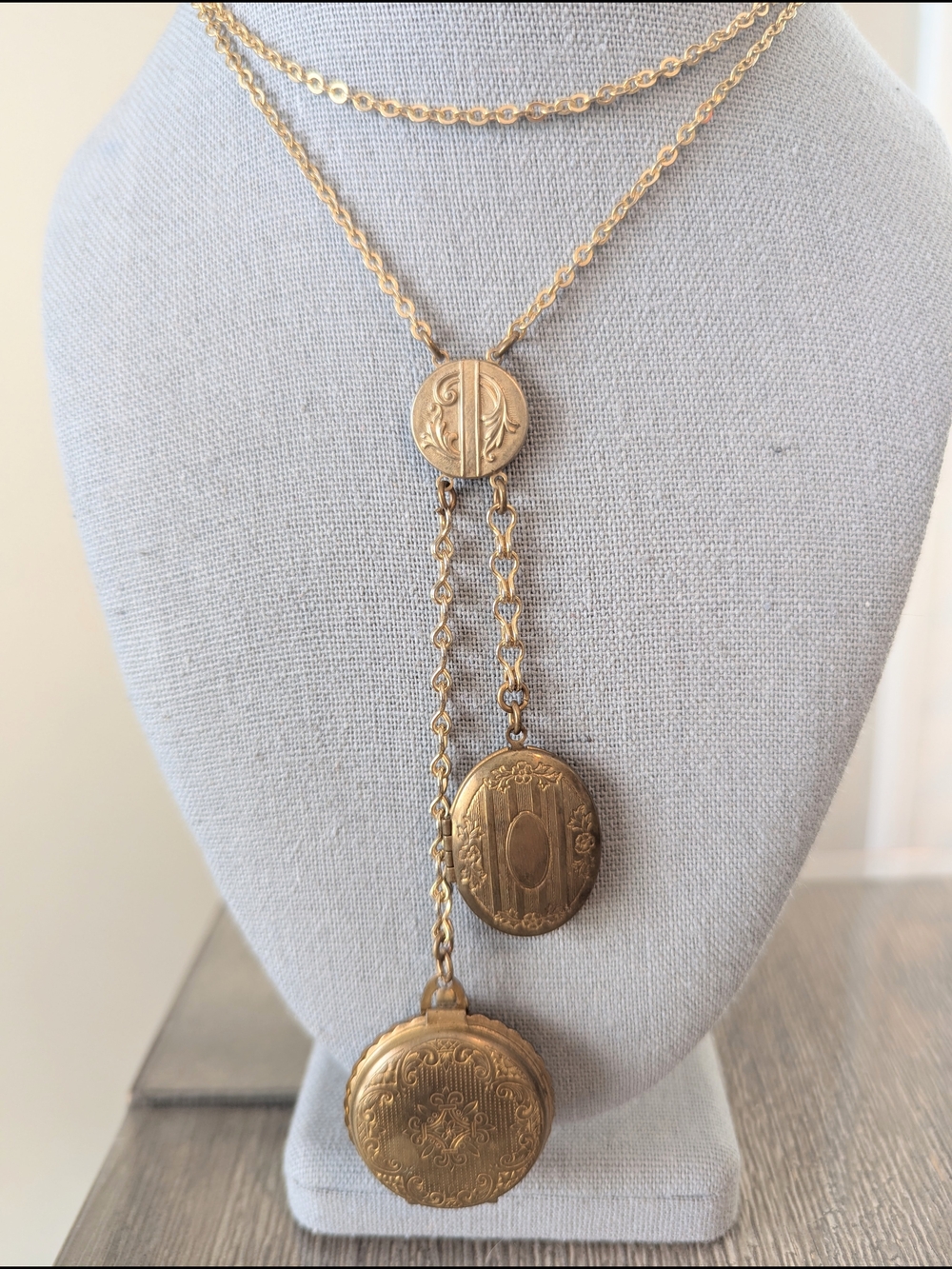 Vintage Gold Tone Double Locket Lariat Necklace